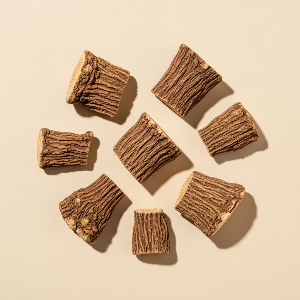 Dried valerian root pieces, pale tan and earthy