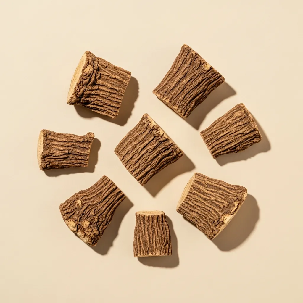 Dried valerian root pieces, pale tan and earthy