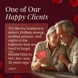 Judy P.’s testimonial supplied by the brand, with an illustrative older couple and a small Meltem Vitality Strips tin.